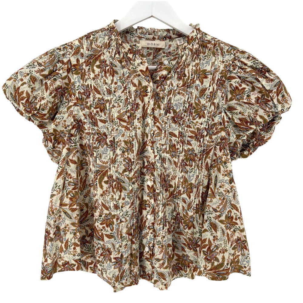 DOEN Top S Brown Floral Paisley Pintuck Puff Sleeve Button Front Cottagecore